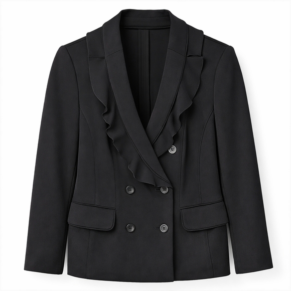 WHBM Black Ruffle Double Breasted Blazer Size 2 Corpcore Coquette Dark Academia - Picture 2 of 11